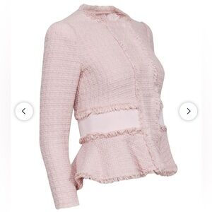 Rebecca Taylor Light Pink Tweed Peplum Jacket Fringe Trim Size 2 boucle